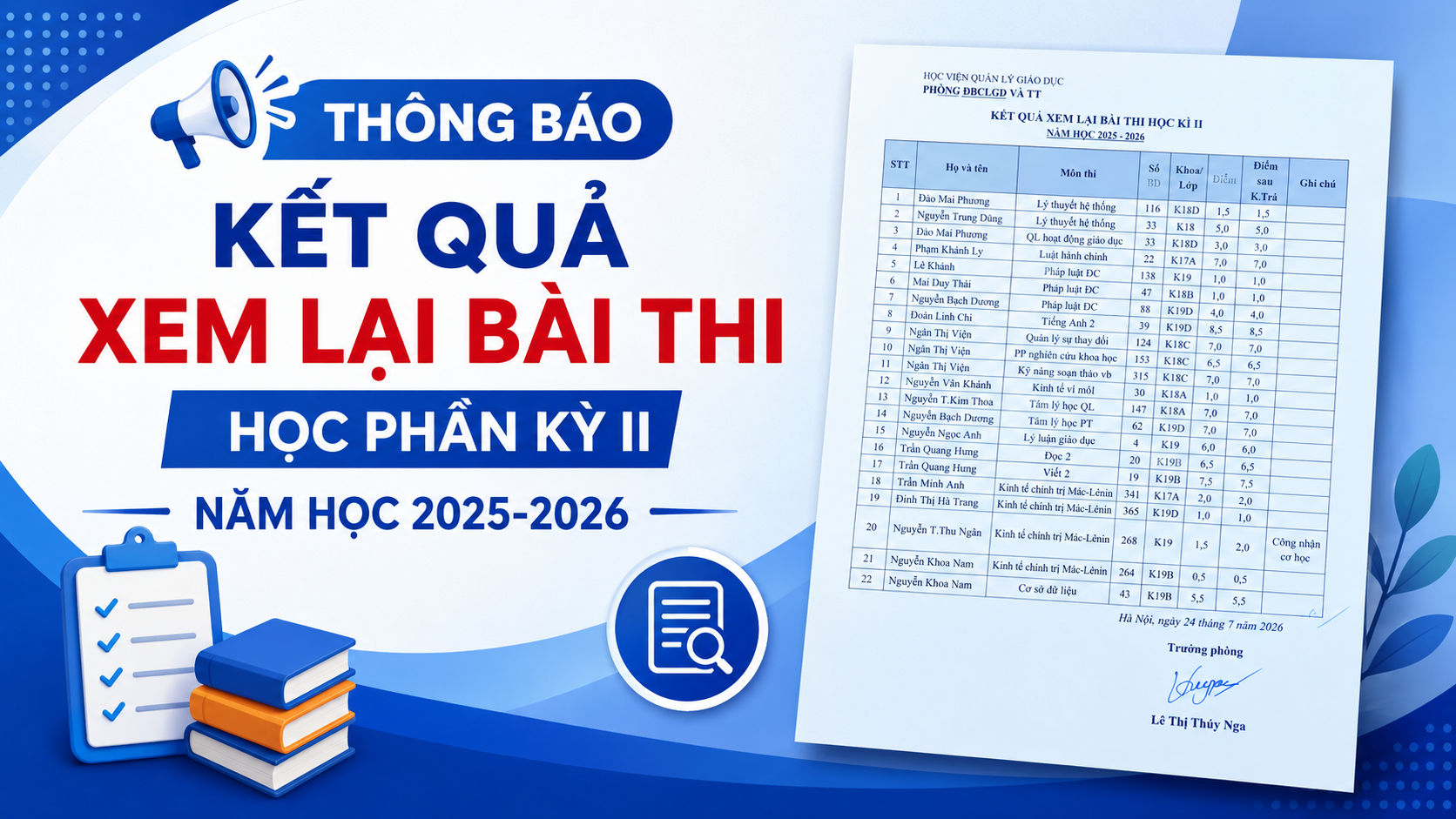 Thông báo kết quả xem lại bài thi học phần kỳ II (năm học 2025-2026)