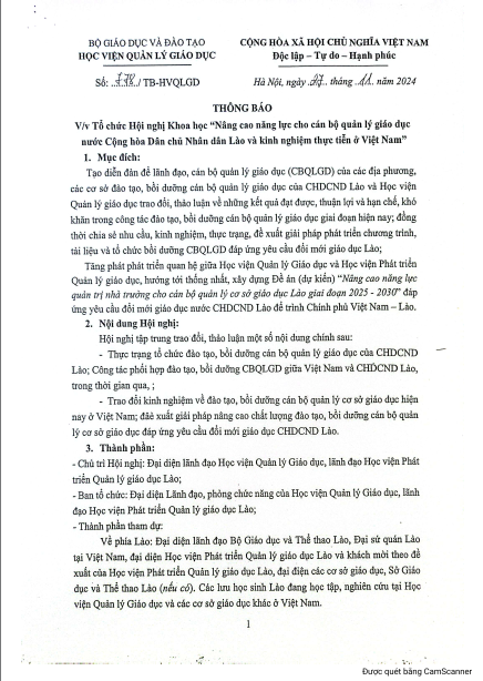Thông báo V/V Tổ chức Hội Nghị Khoa học "Nâng cao năng lực cho cán bộ quản lý giáo dục nước Cộng Hòa Dân chủ Nhân dân Lào và Kinh nghiệm thực tiễn ở Việt Nam