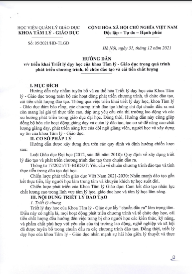 Hướng dẫn V/v triển khai triết lý dạy học của khoa Tâm lý - Giáo dục trong quán trình phát triển trương trình, tổ chức đào tạo và cải tiết chất lượng
